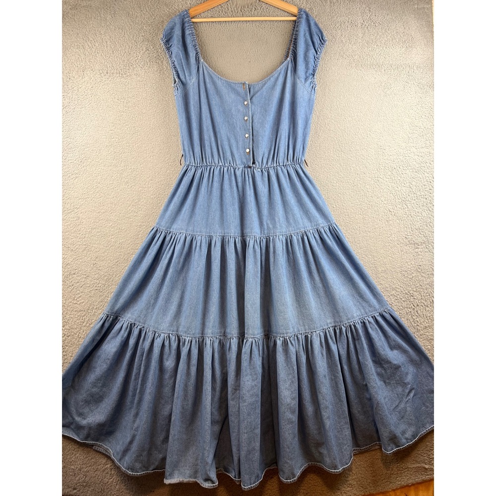 Vintage Blue 80s Denim Maxi Dress Tiered Cottagecore Blue Short Sleeve L